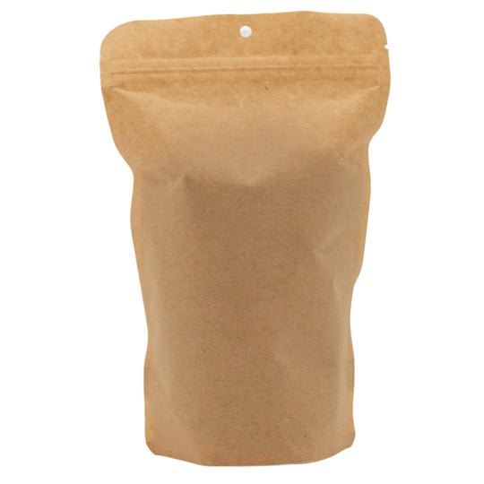 Brown paper bag with a stand-up feature on a gray background