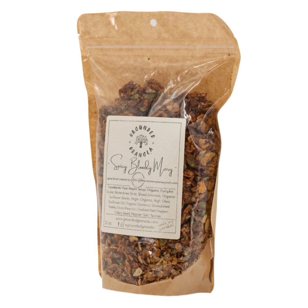 Bag of granola with a label on a white background