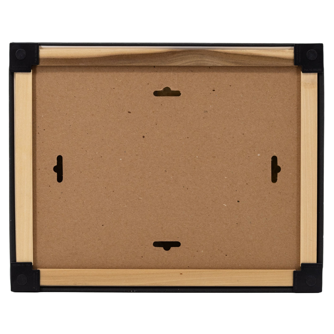 Back view of a wooden picture frame with black border on a white background