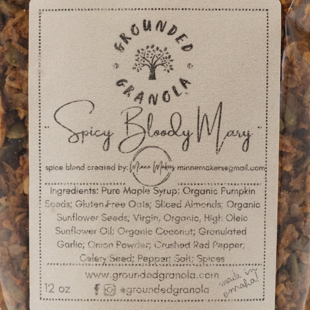 Spicy Bloody Mary granola packaging with label showing brand name and ingredients.