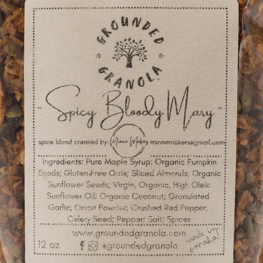 Spicy Bloody Mary granola packaging with label showing brand name and ingredients.