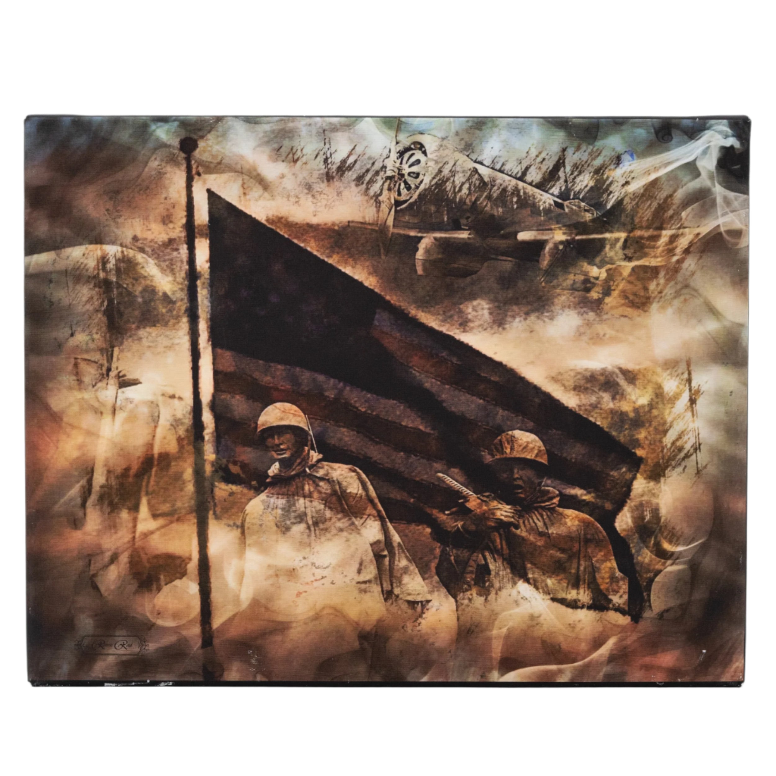 Artistic depiction of two soldiers holding an American flag with a textured background