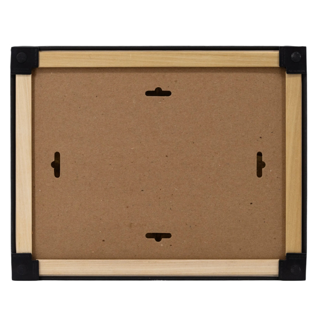 Back view of a wooden picture frame with black trim on a white background
