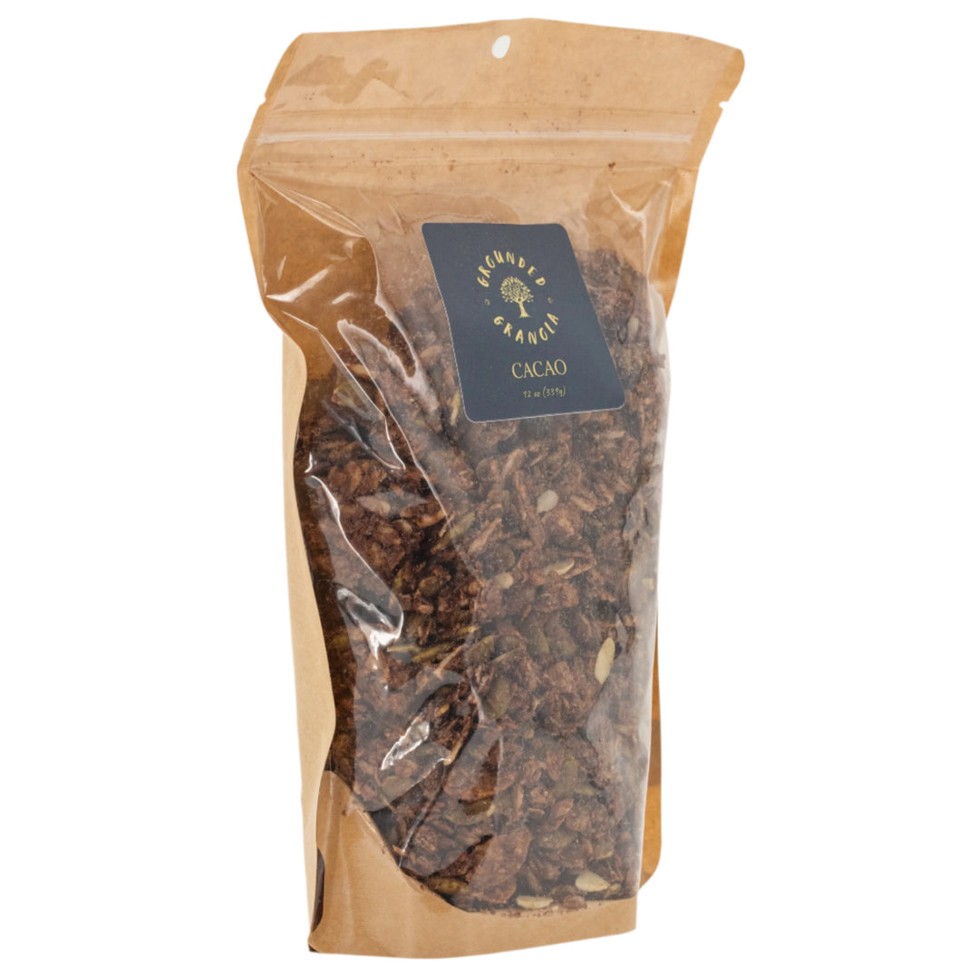 Bag of cacao granola with a visible brand label on a white background