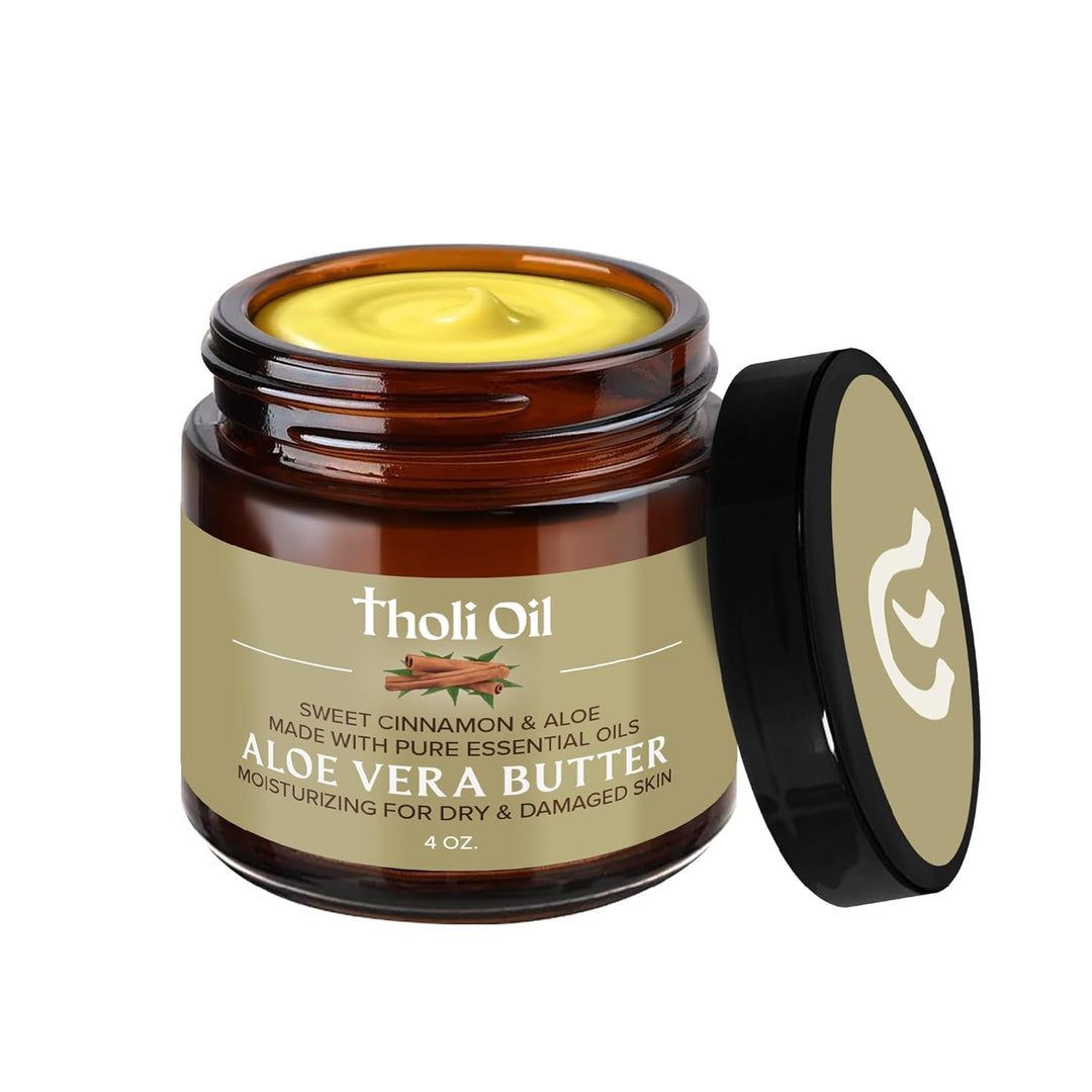Jar of Tholi Oil Aloe Vera Butter with open lid on a white background