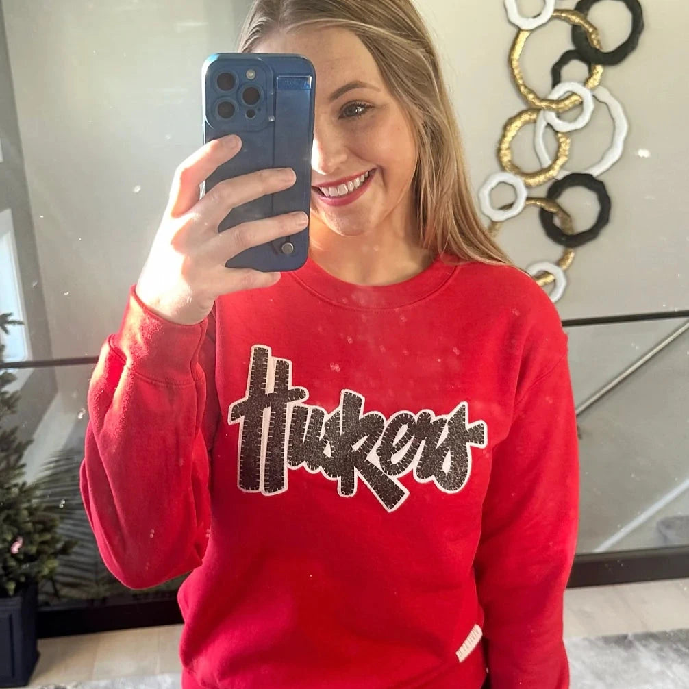 Huskers Sewn Appliqué Black Sparkle Red Licensed Toddler Crewneck Sweatshirt | Multiple Sizes | H.Flynn Designs