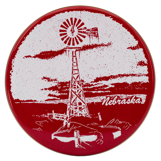 Red plate with white windmill and 'Nebraska' text on a white background