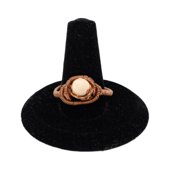 Copper Wire-Wrapped Frosted Fossil Ring | Size 8