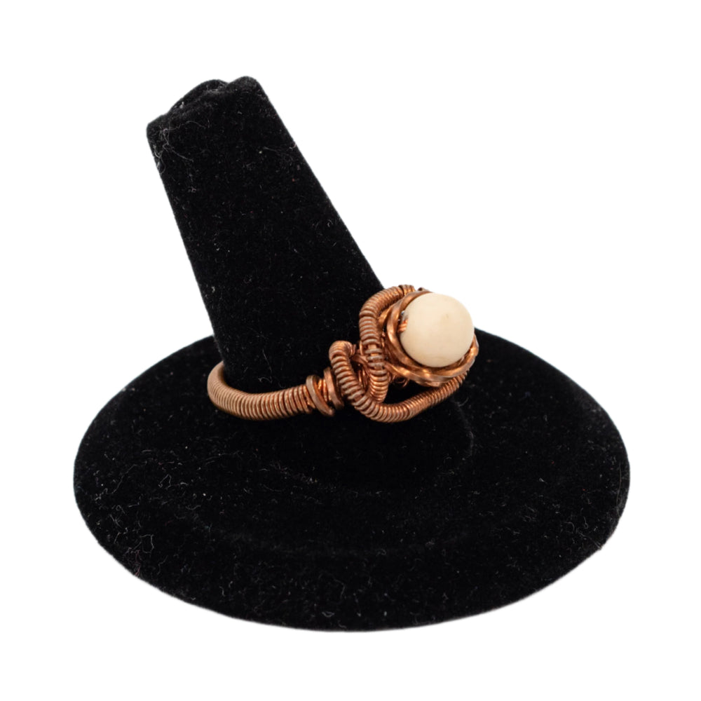 Copper Wire-Wrapped Frosted Fossil Ring | Size 8