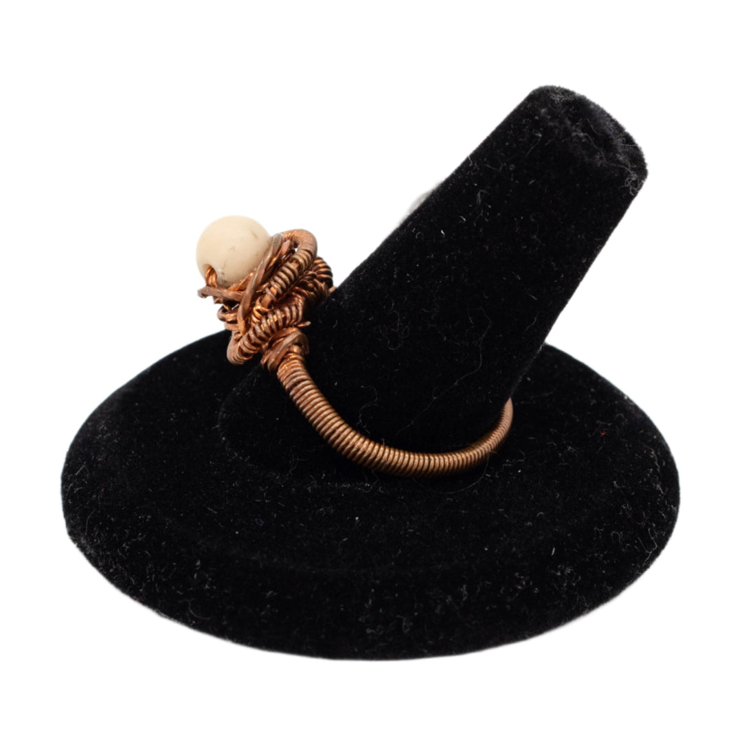 Copper Wire-Wrapped Frosted Fossil Ring | Size 8