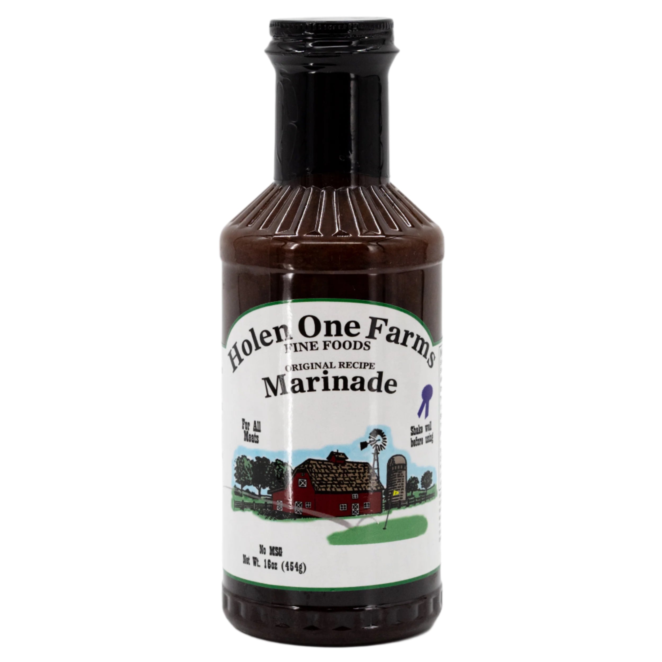 Bottle of Holen One Farms Marinade on a white background