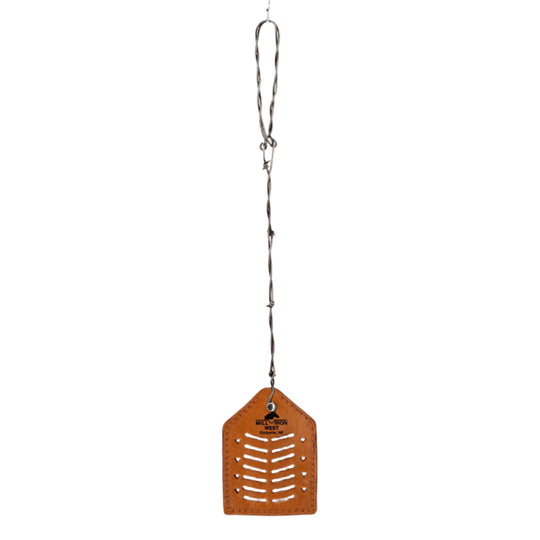 Brown leather fly swatter with a barbed wire grip on a white background