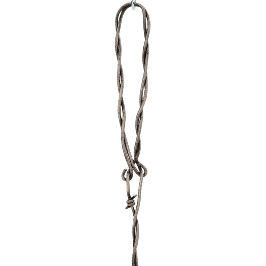 Metallic necklace with a twisted design on a white background