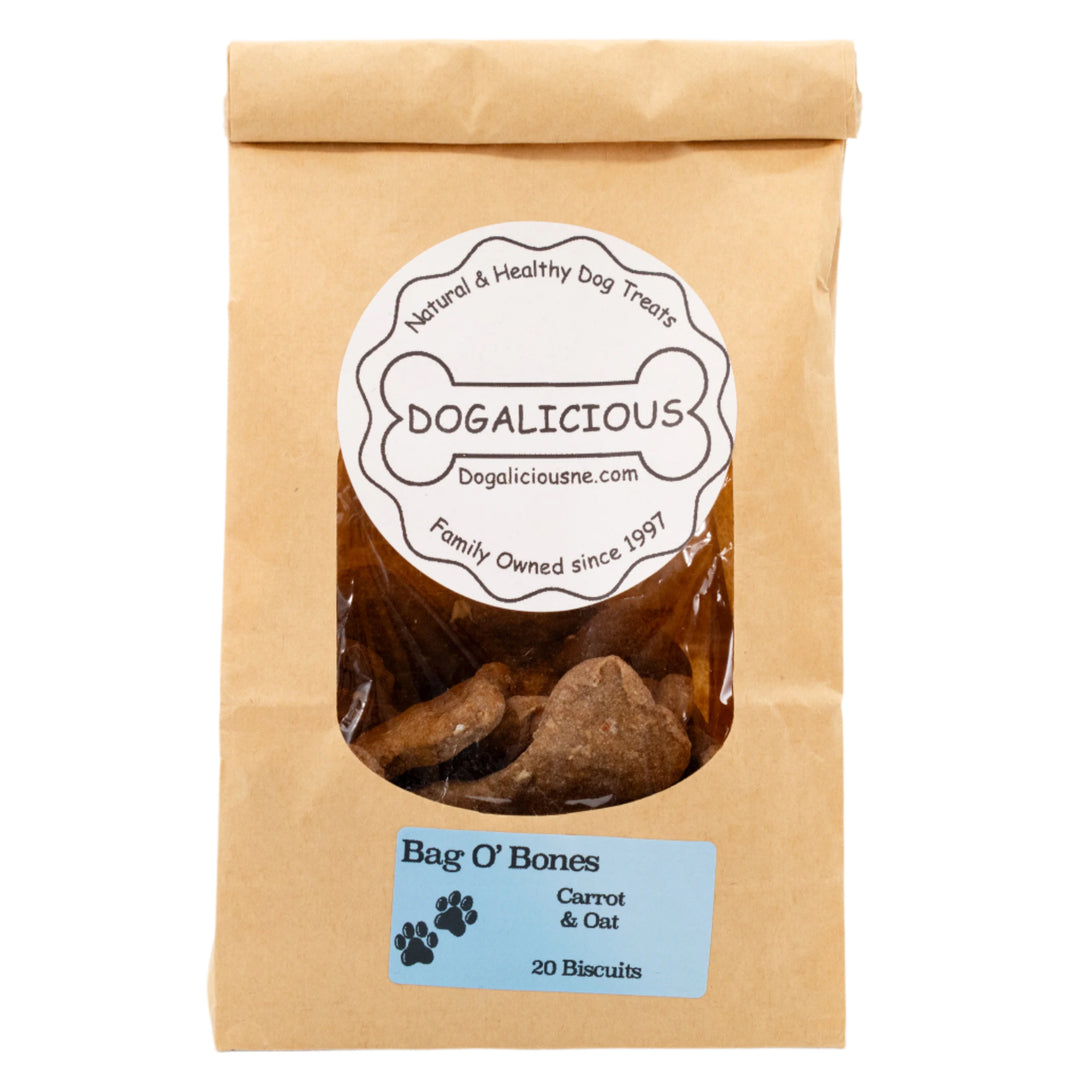 Kraft paper bag of Dogalicious Bag O' Bones dog treats on a white background