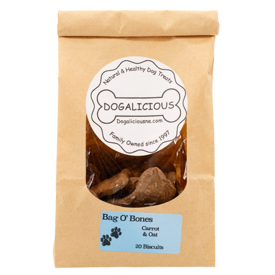 Kraft paper bag of Dogalicious Bag O' Bones dog treats on a white background