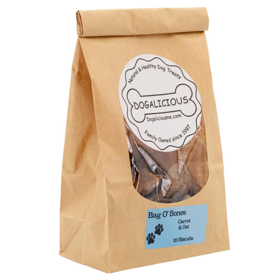 Kraft paper bag with 'Dogalicious' label containing dog treats on a white background