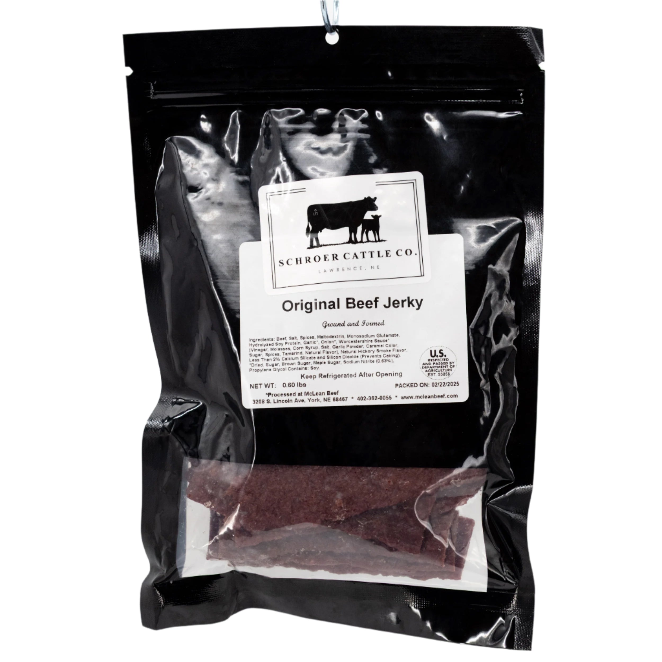 Package of Schroeder Cattle Co. Original Beef Jerky with clear window