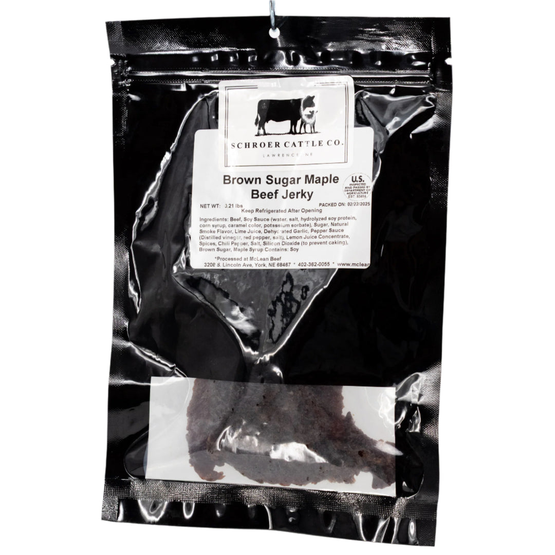 Package of Brown Sugar Maple Beef Jerky from Schroeder Cattle Co. on a white background