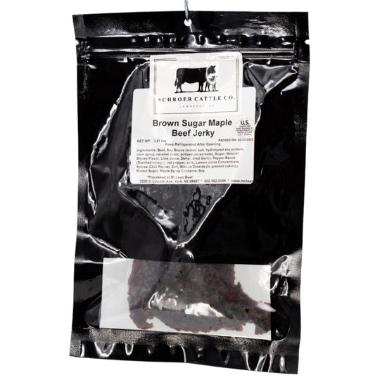 Package of Brown Sugar Maple Beef Jerky from Schroeder Cattle Co. on a white background