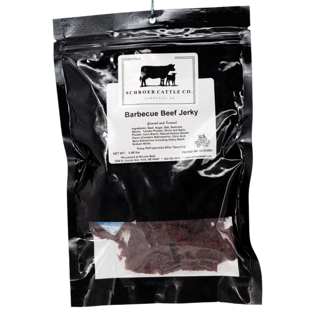 Package of Schroeder Cattle Co. Barbecue Beef Jerky on a white background