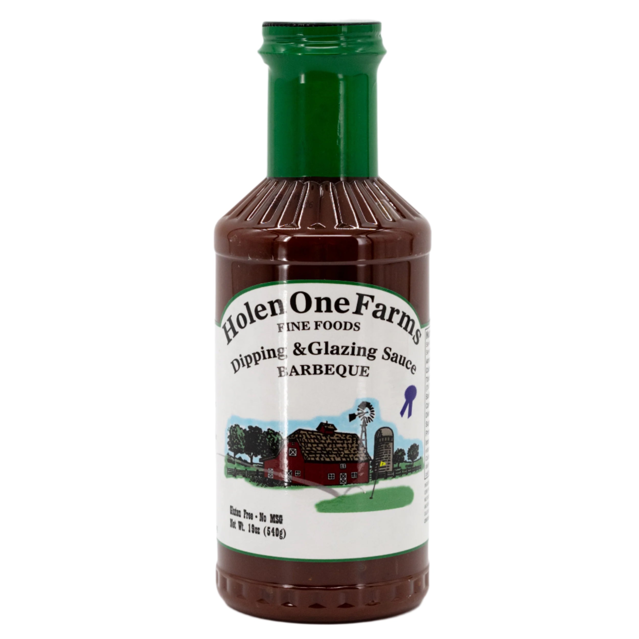 Bottle of Holen One Farm's barbecue sauce on a white background
