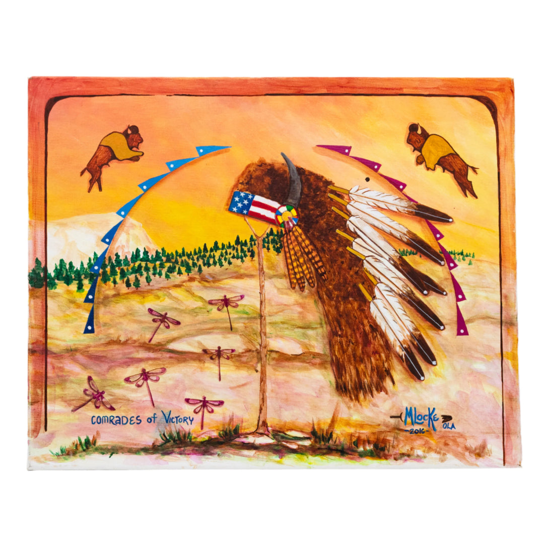 Artistic depiction of an eagle with a flag, surrounded by nature elements on a wooden panel.
