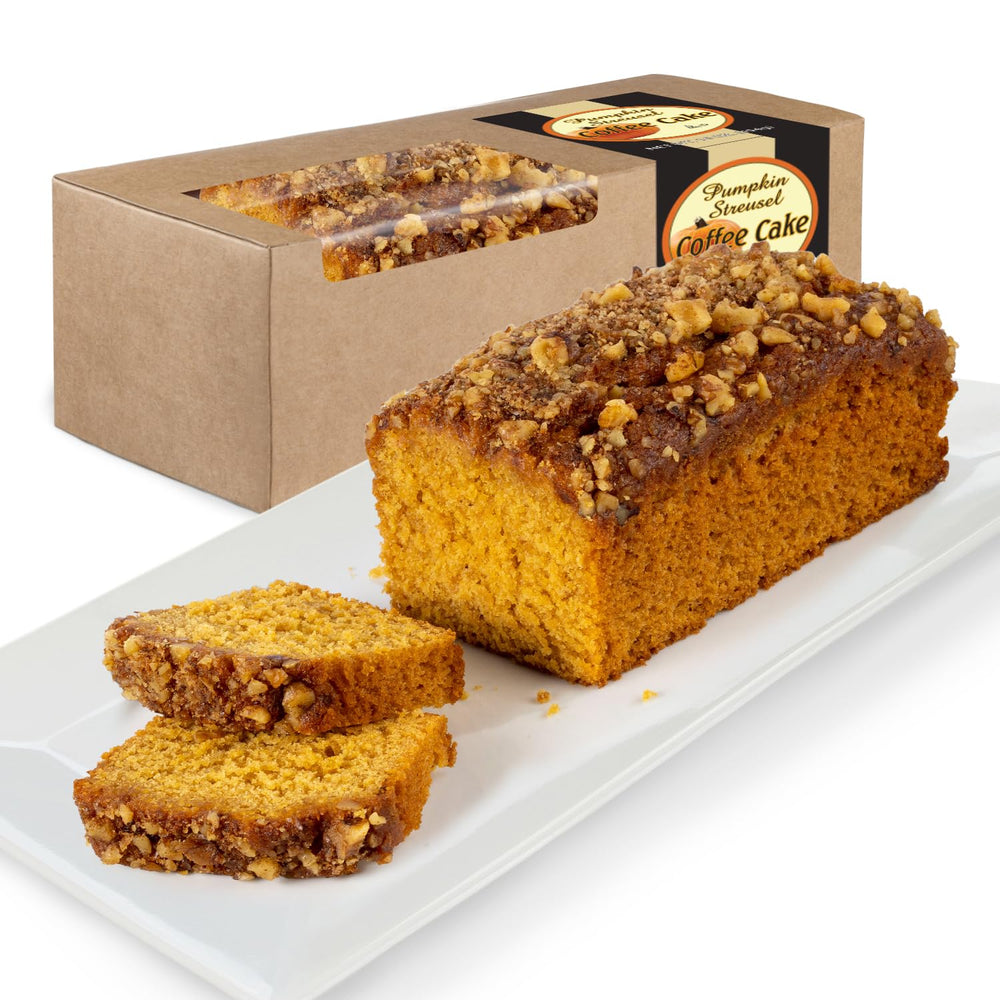 Pumpkin streusel coffee cake with packaging on a white background