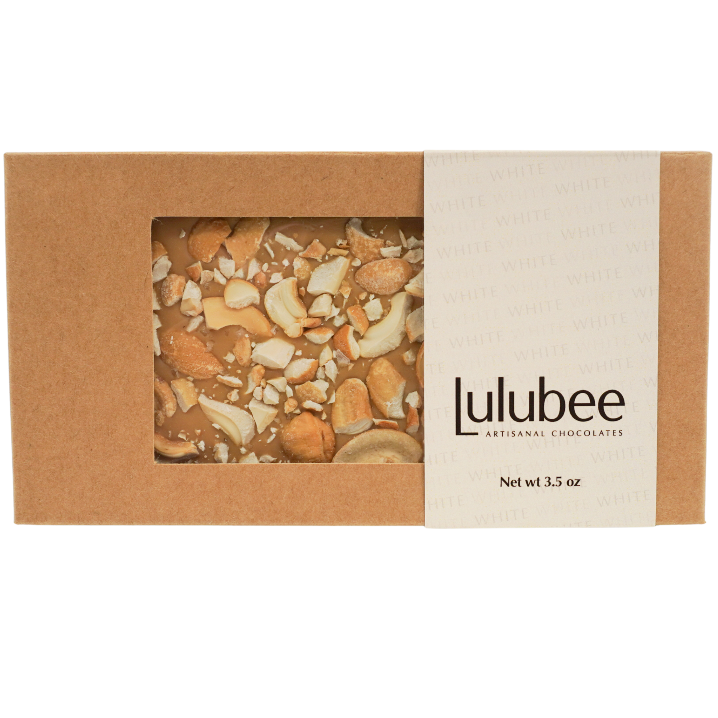 Lulubee artisanal chocolates in a brown box with visible nuts on a white background