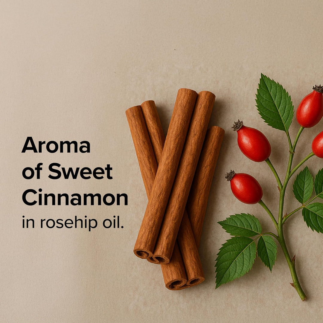 Cinnamon sticks and rosehip berries on a beige background with text about cinnamon aroma.
