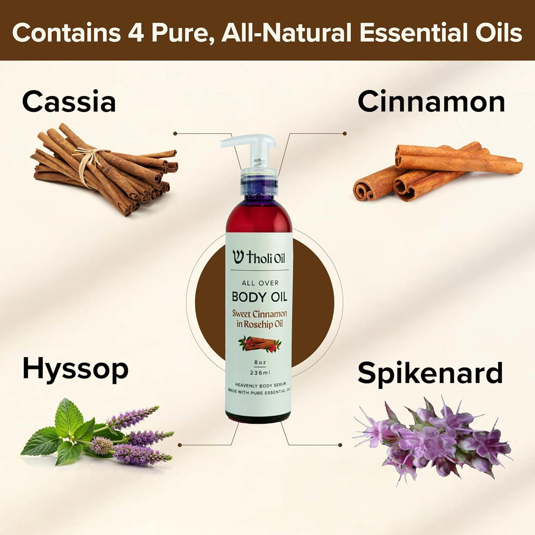 Tholi Oil bottle with ingredients Cassia, Cinnamon, Hyssop, and Spikenard displayed on a beige background.