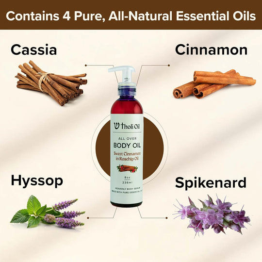Tholi Oil bottle with ingredients Cassia, Cinnamon, Hyssop, and Spikenard displayed on a beige background.