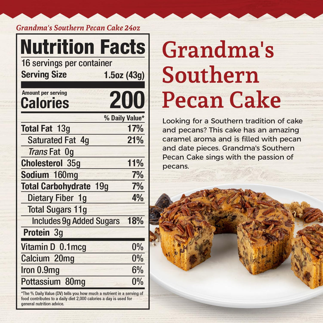 Nutrition facts label and image of Grandma's Southern Pecan Cake on a white plate.