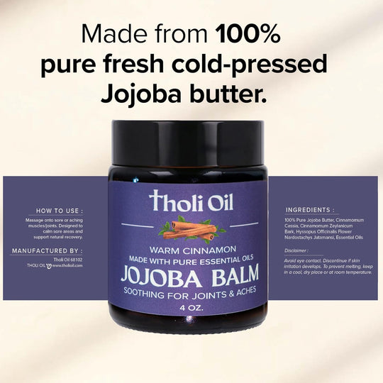 Jojoba balm jar with Tholi Oil branding on a light background