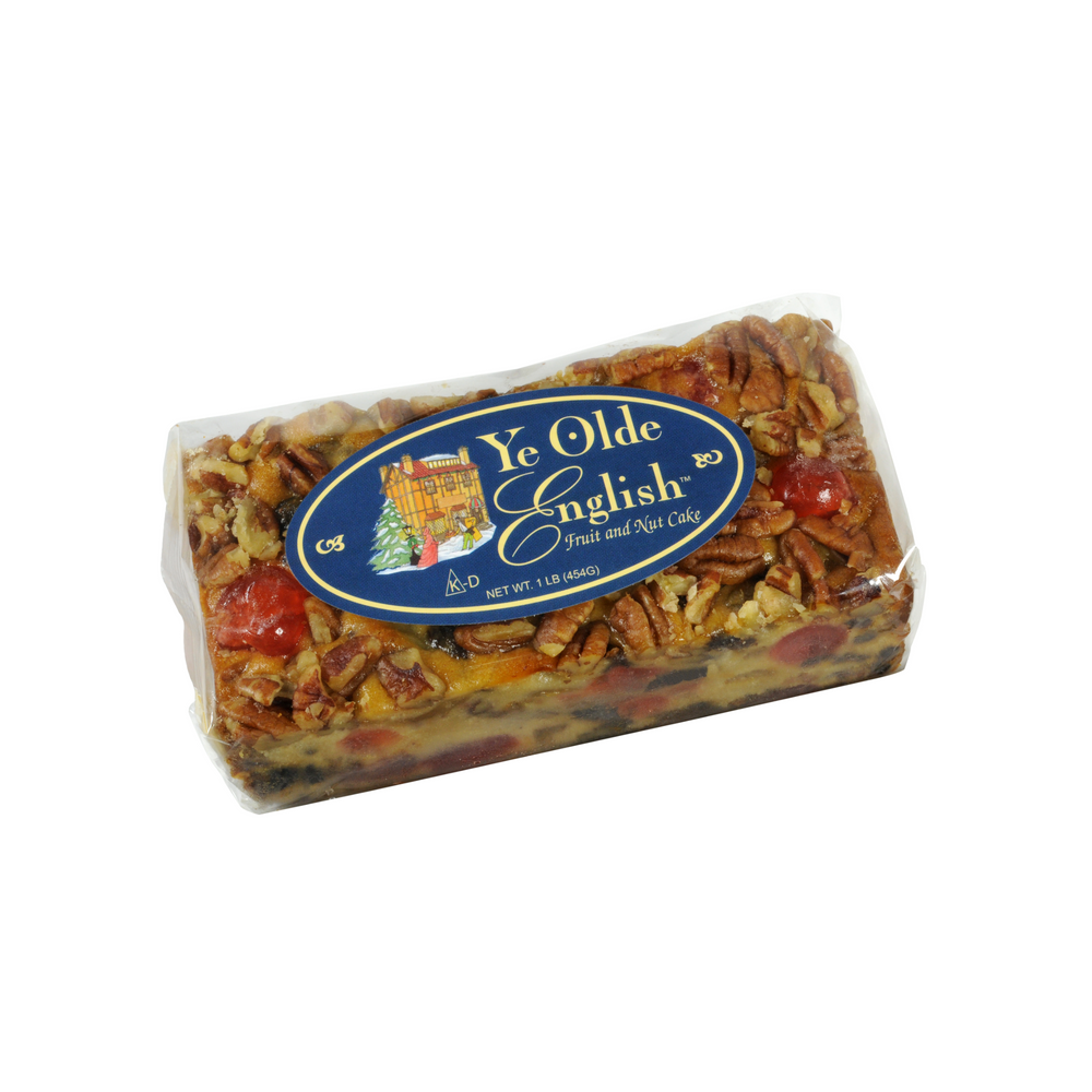 Packaged non-alcoholic fruitcake with visible fruits and nuts, wrapped in cellophane with a blue label that reads 'Ye Olde English'.