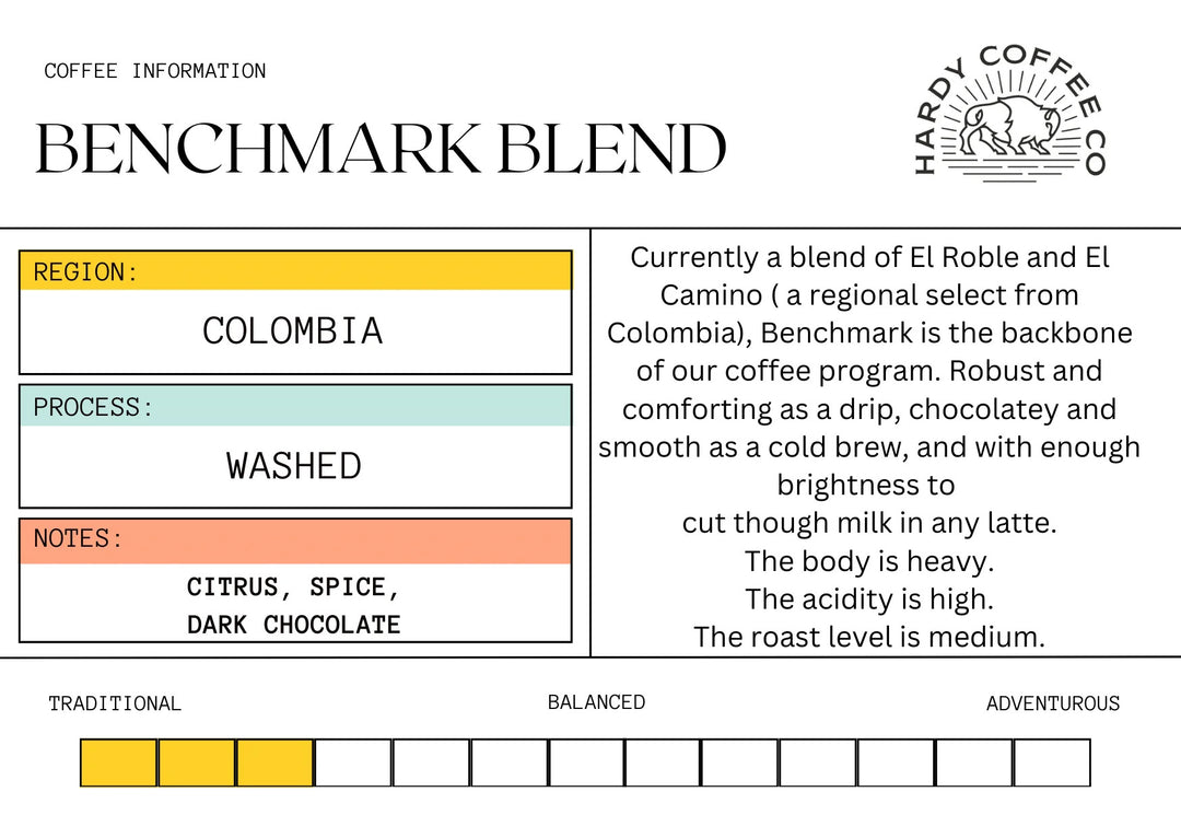 Benchmark Blend Coffee | Multiple Grinds & Sizes | Citrus, Spice & Dark Chocolate Notes | Colombia | Roasted in Omaha, NE | Hardy Coffee