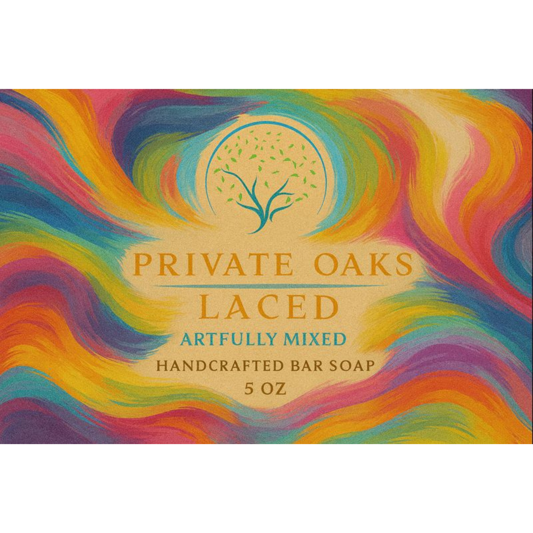 Colorful label of Private Oaks Laced handcrafted bar soap with wavy multi color design
