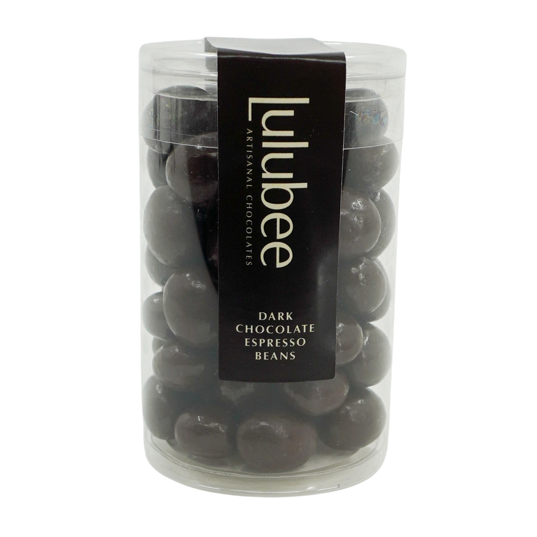 Container of dark chocolate espresso beans with Lulubee label on a white background