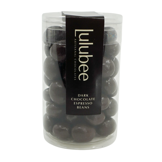 Container of dark chocolate espresso beans with Lulubee label on a white background