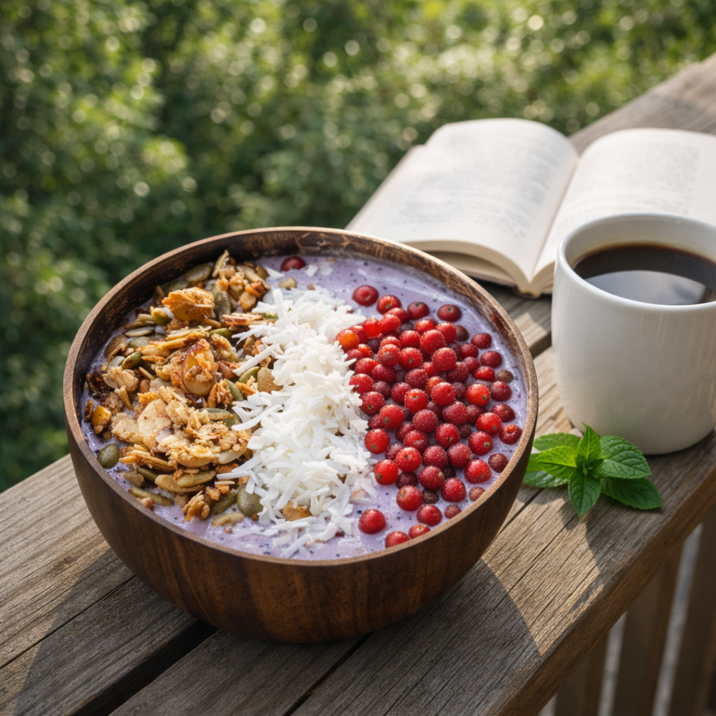 Bowl of cereal with berries and a cup of coffee on a wooden surface outdoors.
