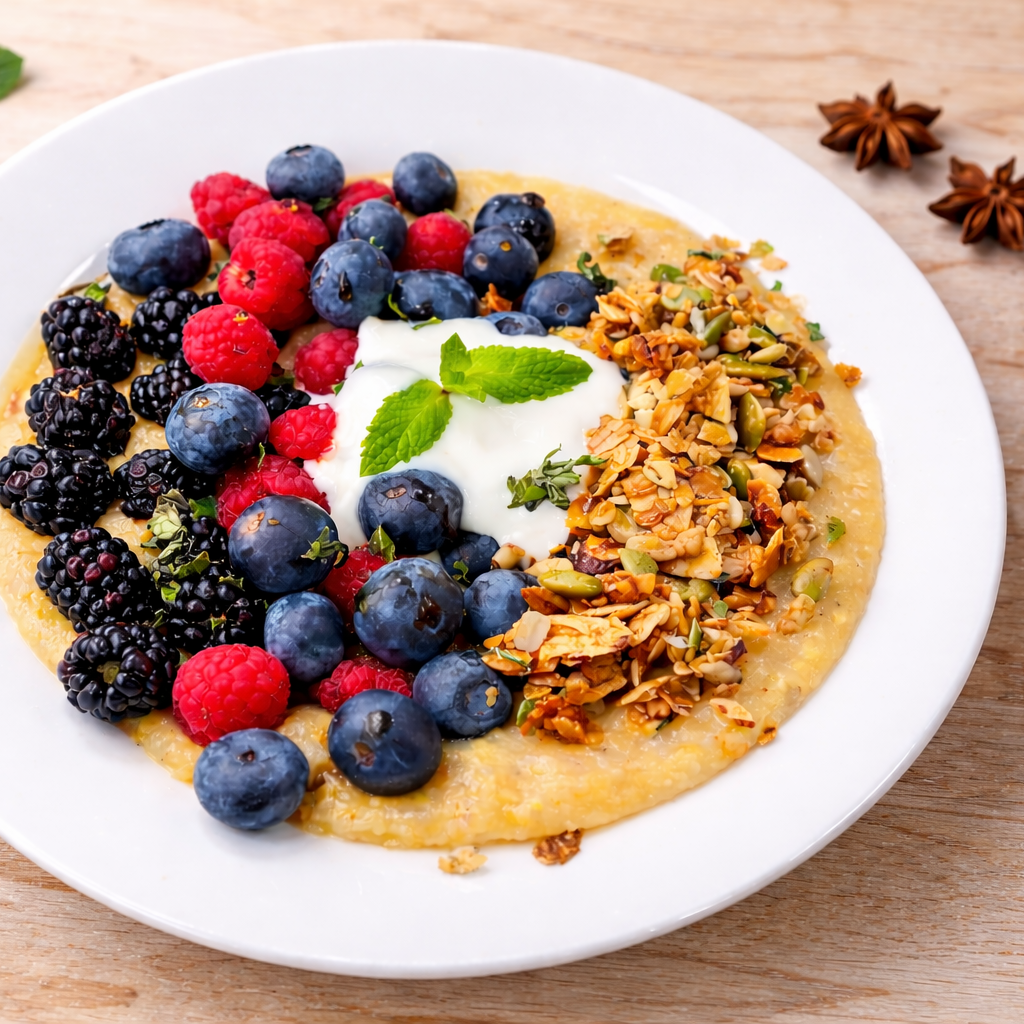 Yogurt parfait with granola and berries on a white plate with cinnamon sticks and blueberries around.