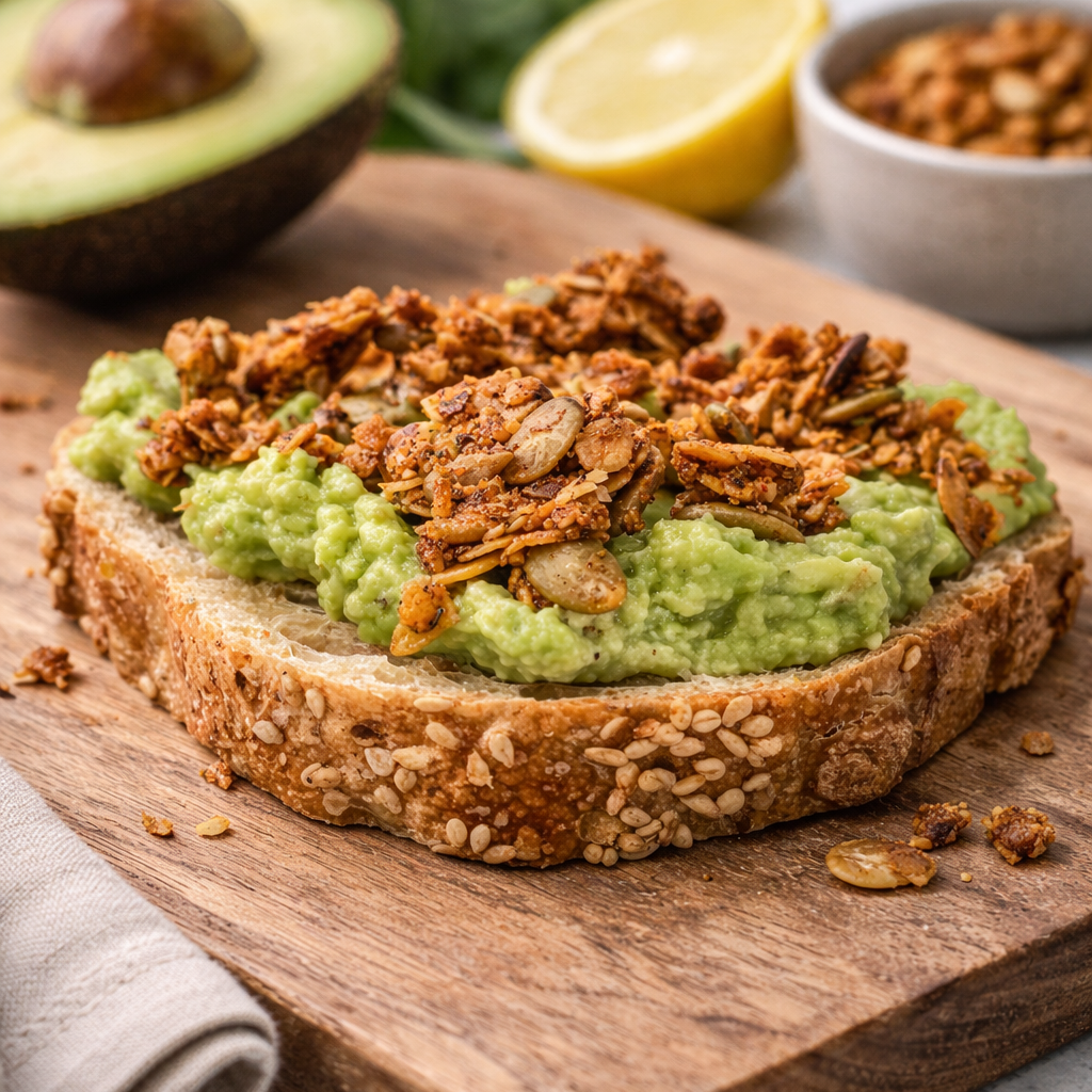 Avocado toast with granola on a wooden cutting board, surrounded by ingredients like avocado, lemon, and nuts.
