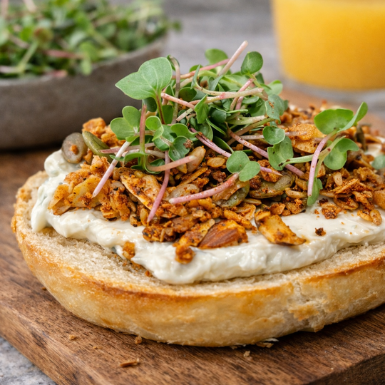 Bagel with cream cheese and crispy topping on a wooden board, with a glass of orange juice in the background.
