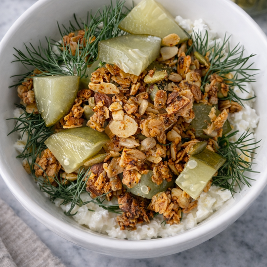 White bowl with granola, pickles, and herbs on a gray surface