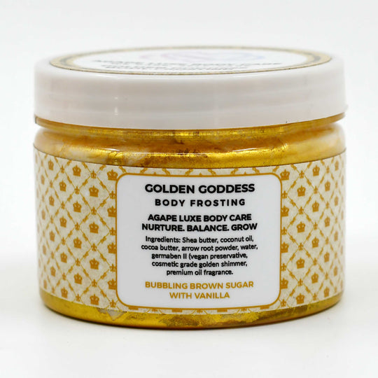 Jar of Golden Goddess body frosting with gold and white design on a white background