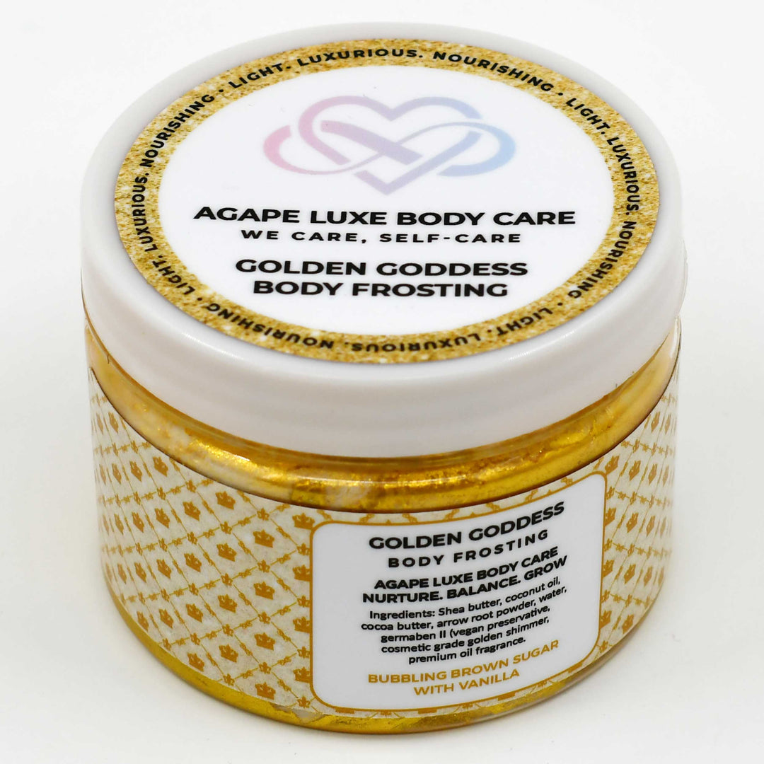 Jar of Golden Goddess Body Frosting from Agape Luxe Body Care on a white background