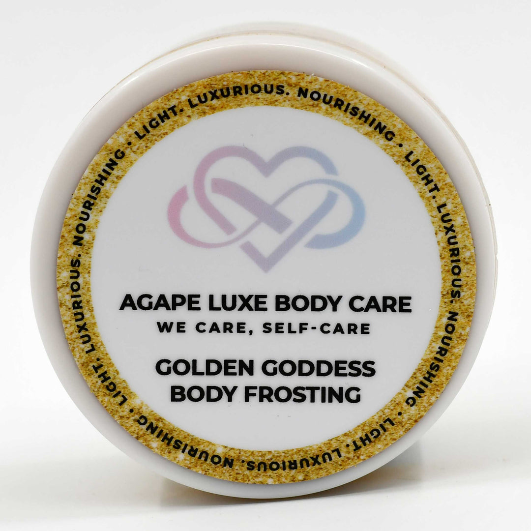 Container of Agape Luxe Body Care Golden Goddess Body Frosting on a white background
