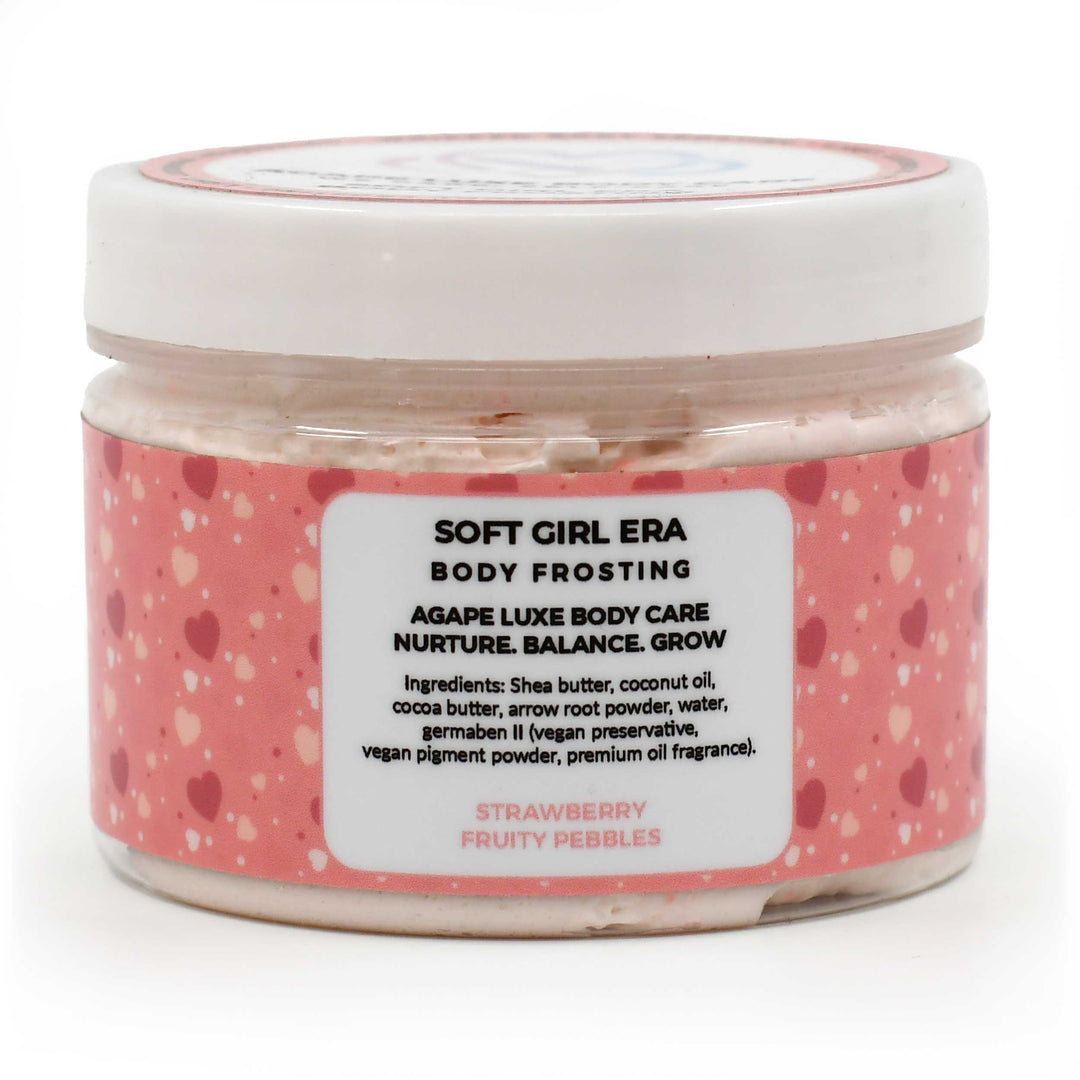 Jar of 'Soft Girl Era Body Frosting' with a pink label on a white background