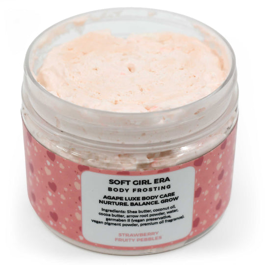 Jar of 'Soft Girl Era Body Frosting' with pink and white design on a white background