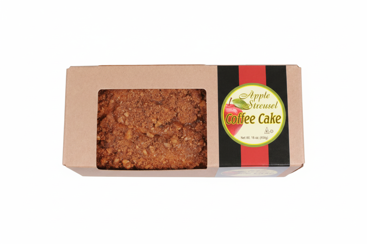 Apple Streusel Coffee cake in a brown box