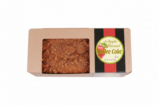 Apple Streusel Coffee cake in a brown box